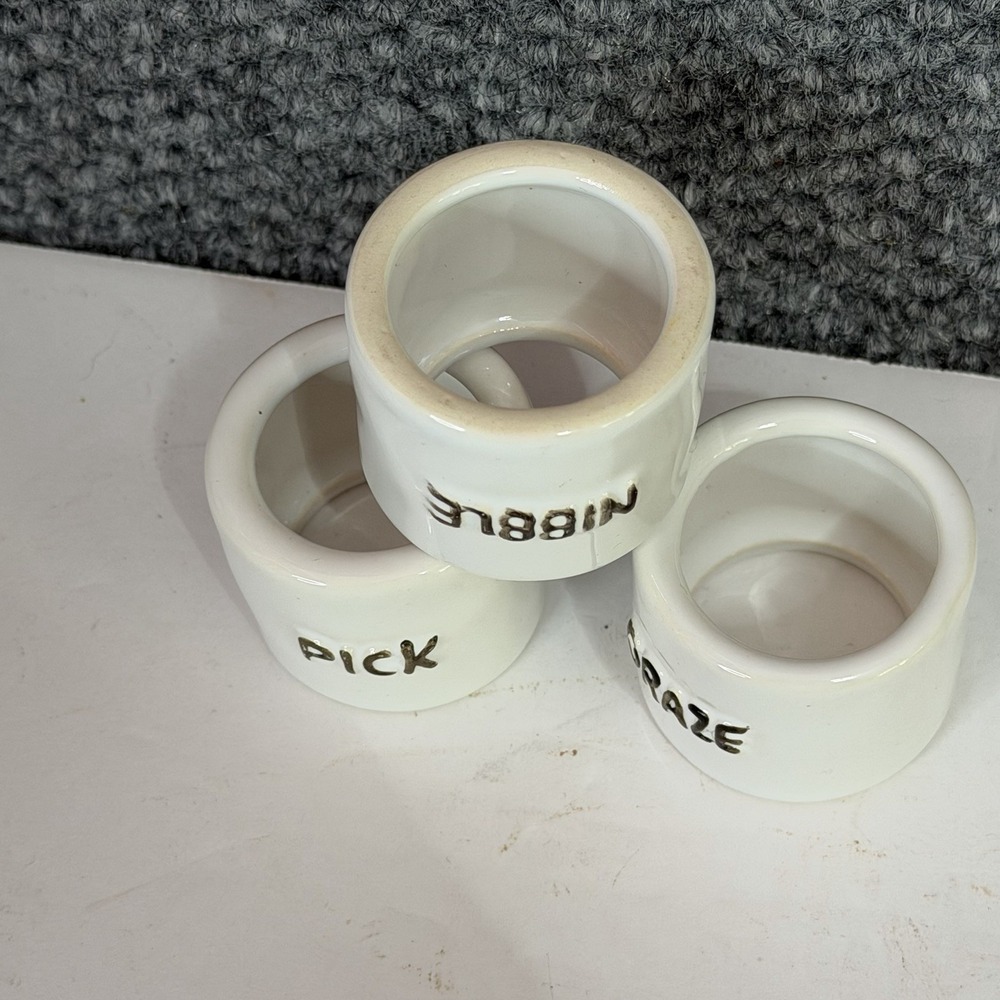 Set/ 3 Pier 1 Ceramic Napkin Rings White Stamped Thanksgiving Napkin Rings - Picture 2 of 6